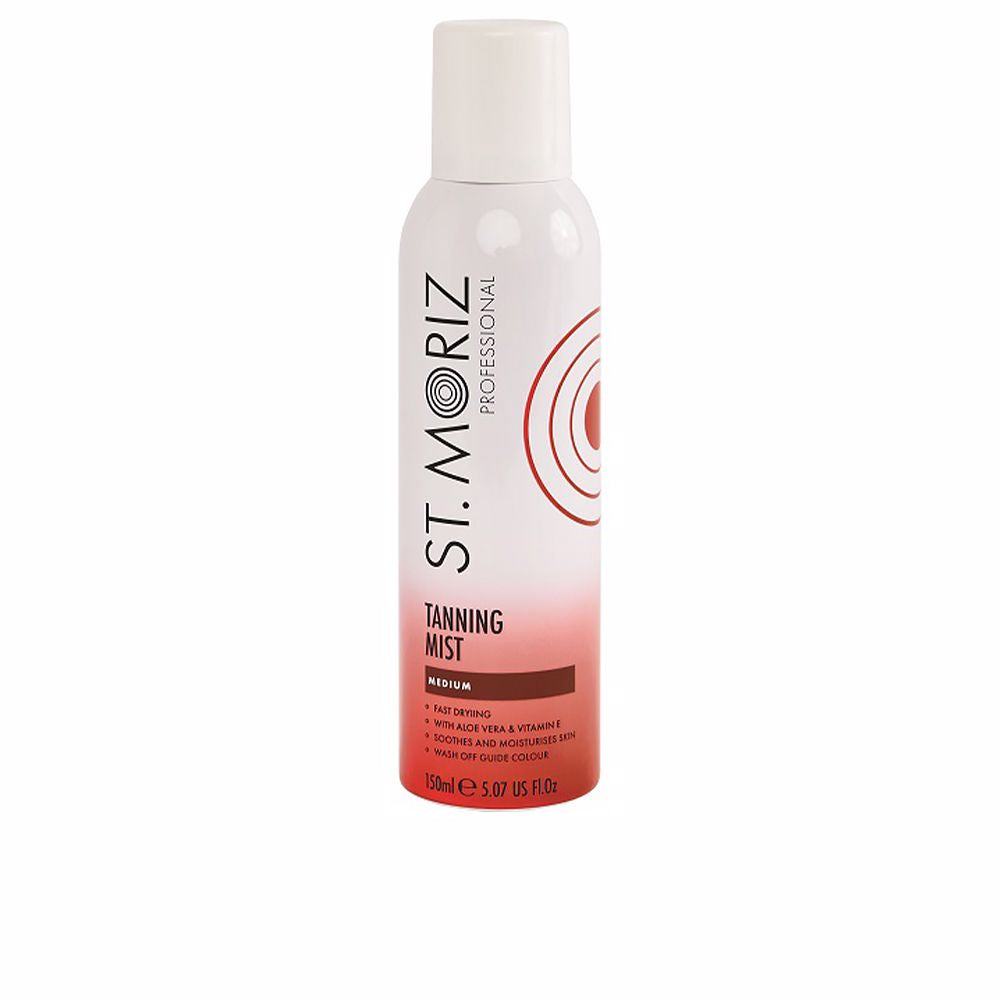 Bottle of St. Moriz fast-drying self-tanning spray for body application