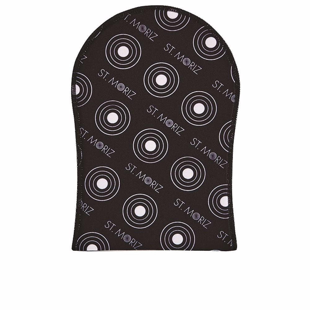 St. Moriz Black and white tanning mitt with rounded top, circular target pattern, stitched edges, ST. MORITZ