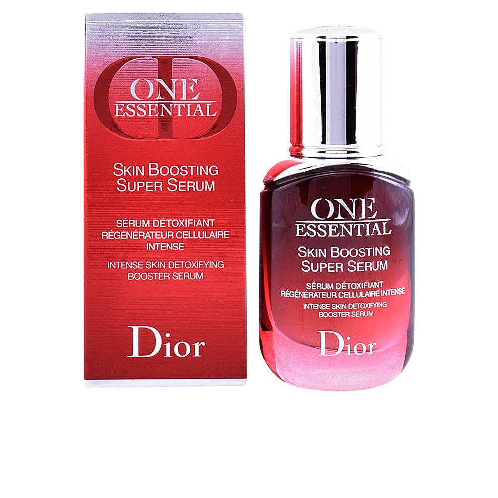 Dior Glass serum bottle with red gradient and silver reflective cap, rounded edges, rectangular box