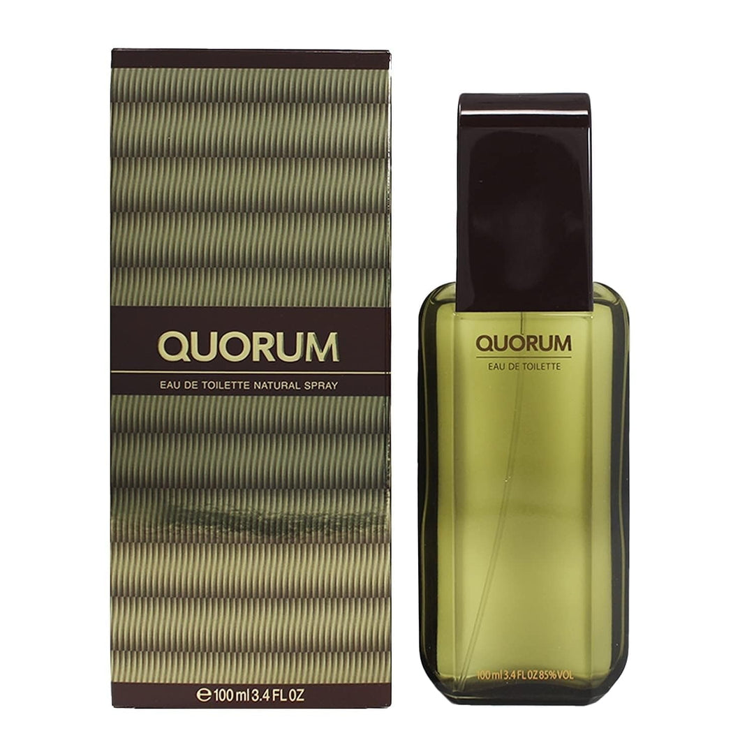 100 ml bottle of Quorum woody Eau de Toilette for Man, vintage packaging