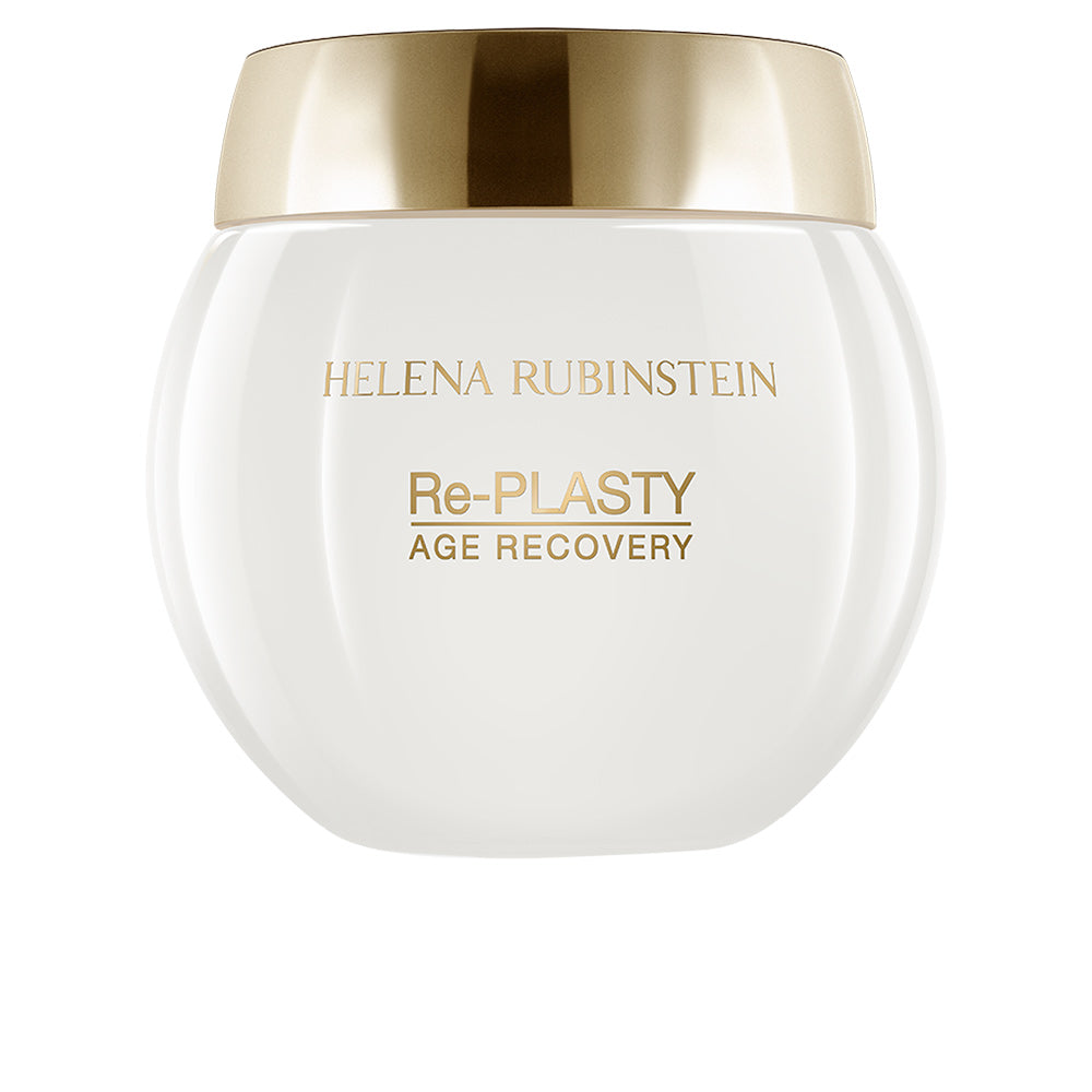 Helena Rubinstein White plastic round cream jar with gold lid and gold text, minimalist luxury styling, .