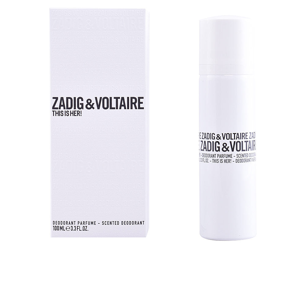 White cylindrical deodorant spray with removable cap, black bold text, minimalist compact design, Zadig &amp; Voltaire
