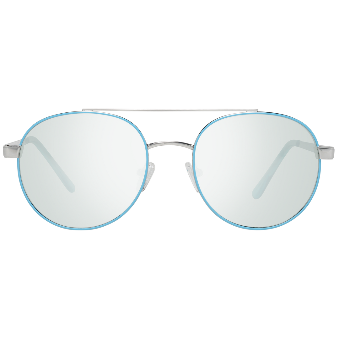 Unisex silver metal aviator eyeglasses with light-blue round lenses and double bridge on white background