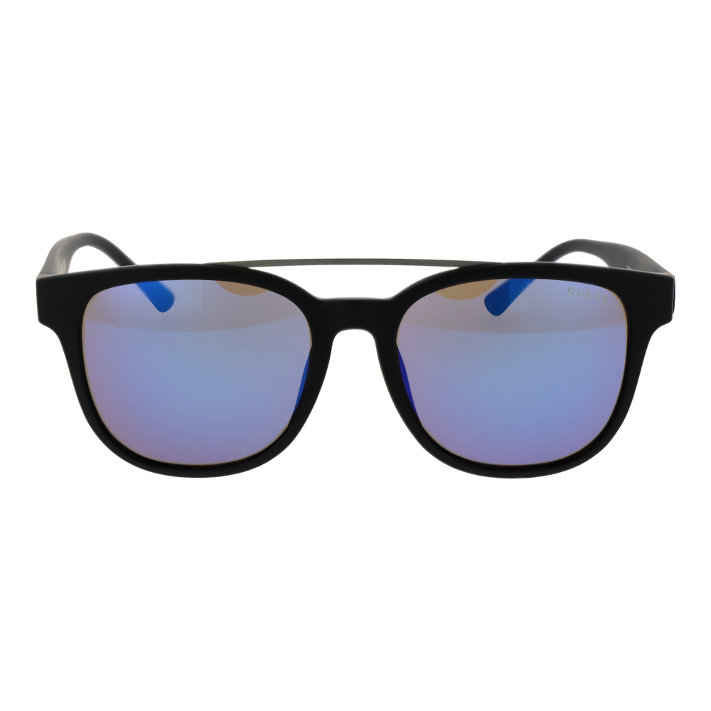 Unisex black plastic sunglasses with blue‑purple mirrored lenses and thin metal bridge, temple logo visible