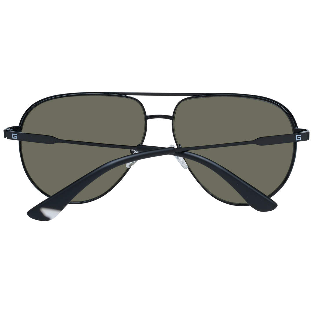 Unisex black thin metal aviator sunglasses with blue lenses and adjustable plastic nose pads on white background