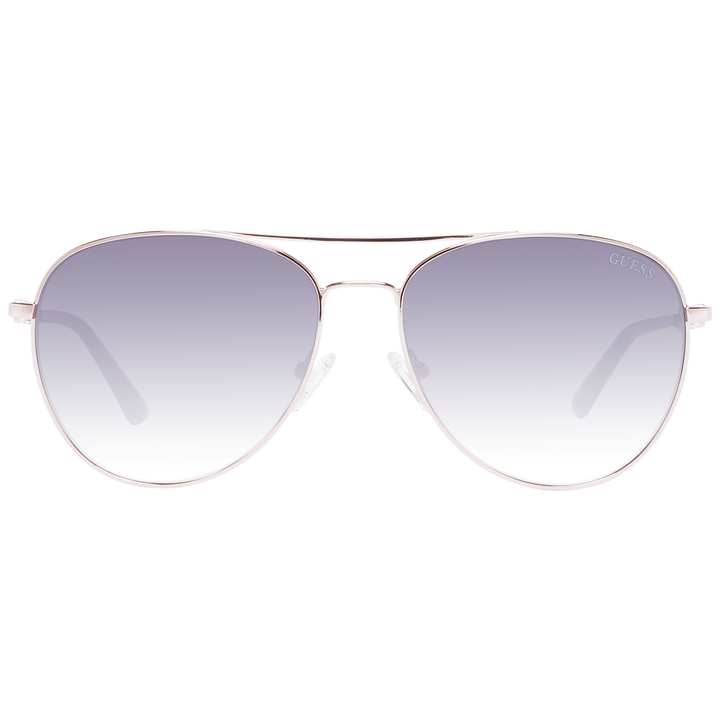 Rose gold aviator sunglasses with double bridge and gradient purple lenses, black temple tips, decorative temples