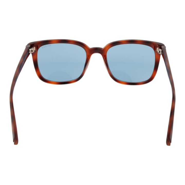 Tortoise brown plastic square sunglasses with blue lenses and metal logo on temples, Unisex