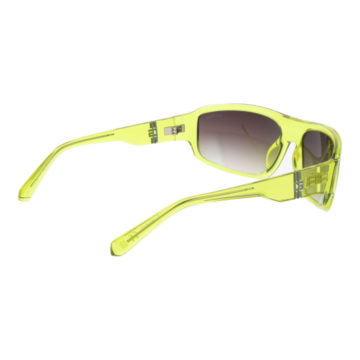 Unisex transparent yellow-green plastic sunglasses with rectangular purple-to-blue gradient lenses and logo on temples