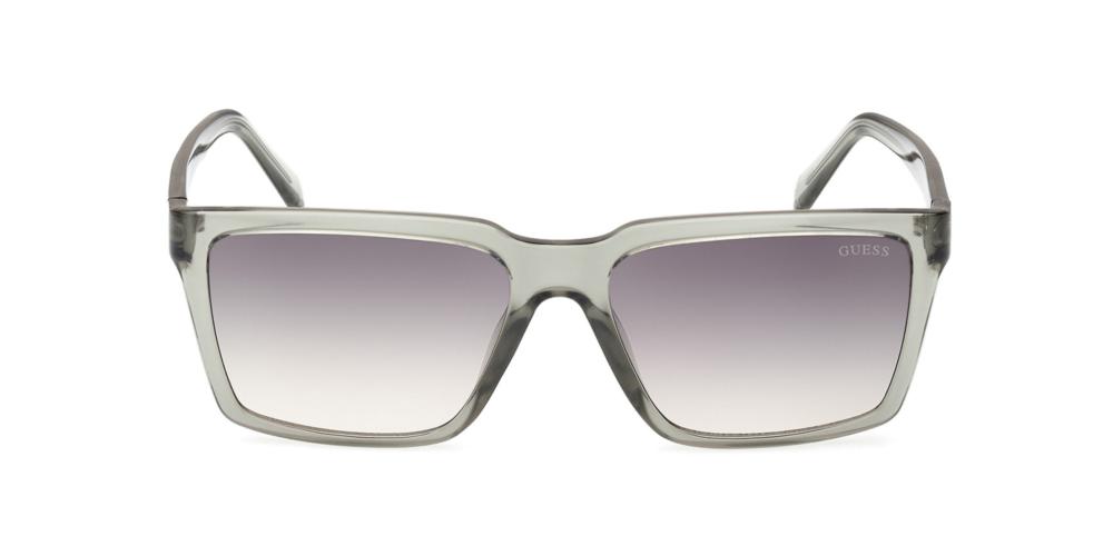 Unisex gray plastic rectangular sunglasses with gradient lenses shown from front and three-quarter angle