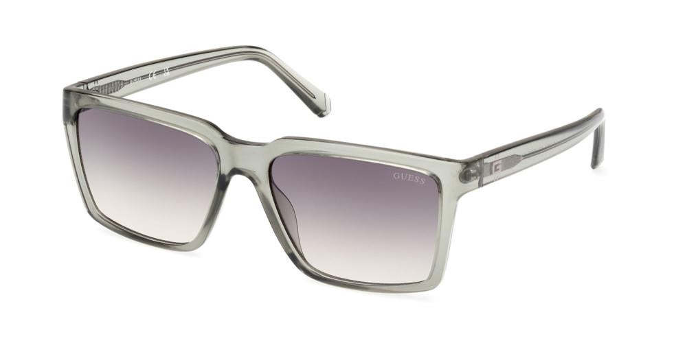 Unisex gray plastic rectangular sunglasses with gradient lenses shown from front and three-quarter angle