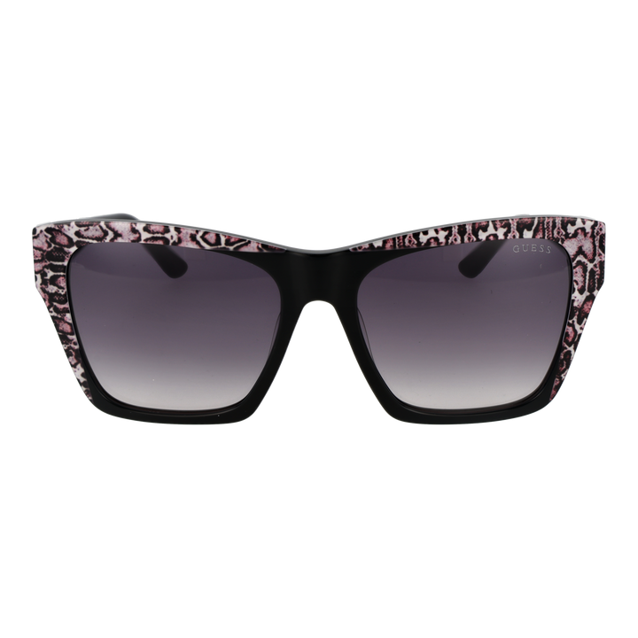 Black, pink and purple cat-eye sunglasses with animal-print edges and gradient lenses, Guess logo on temple