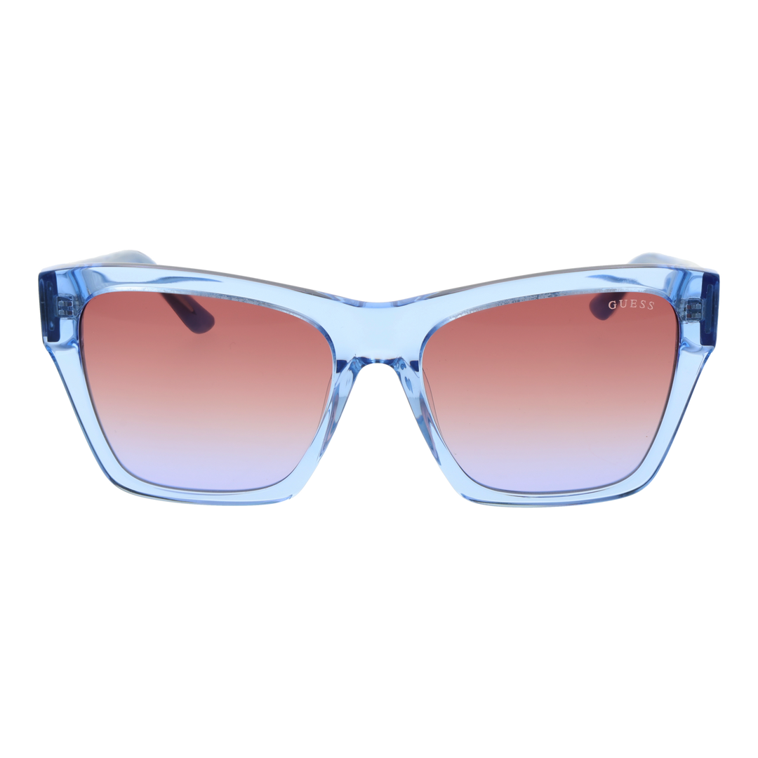 Blue to brown gradient square sunglasses in plastic frame with patterned temples and logo accents