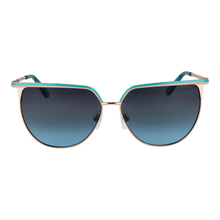 Gold metal aviator sunglasses with turquoise-blue accents and gradient lenses on white background