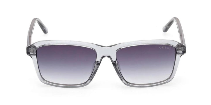Unisex transparent gray rectangular sunglasses with gradient purple lenses on white background