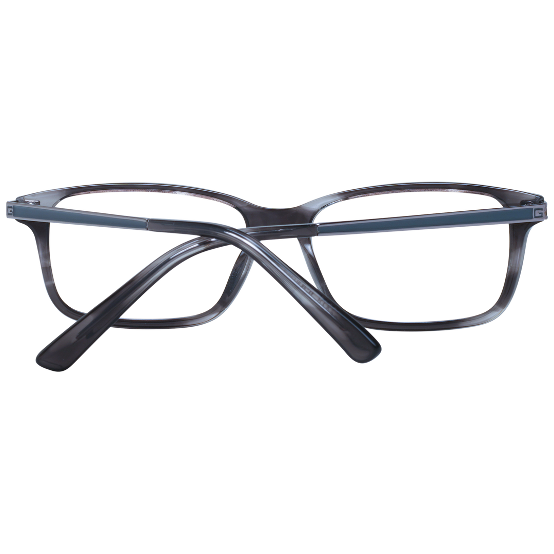 Unisex transparent rectangular eyeglasses with gray plastic frame and metal temples featuring logo detail