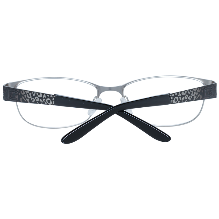 Black metal semi-rimless eyeglasses with rectangular lenses and leopard-print temples on neutral background