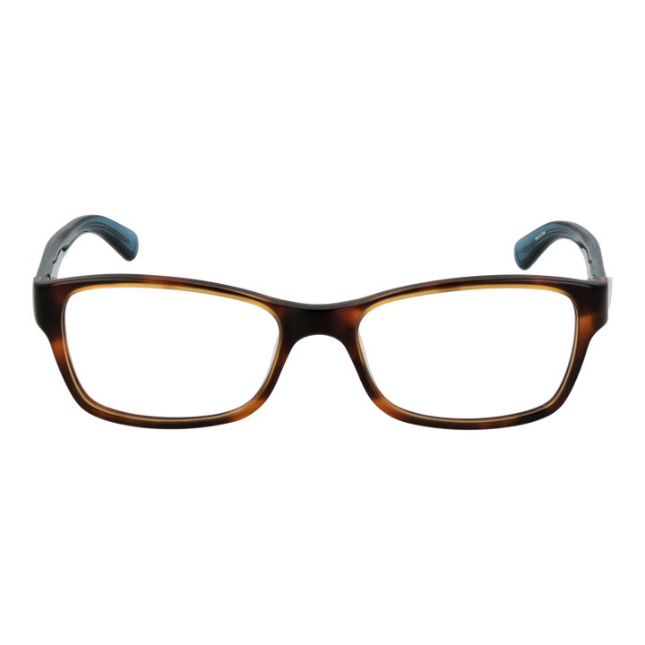 Brown and blue plastic rectangular eyeglasses with patterned temples and metallic G logo, front three-quarter view