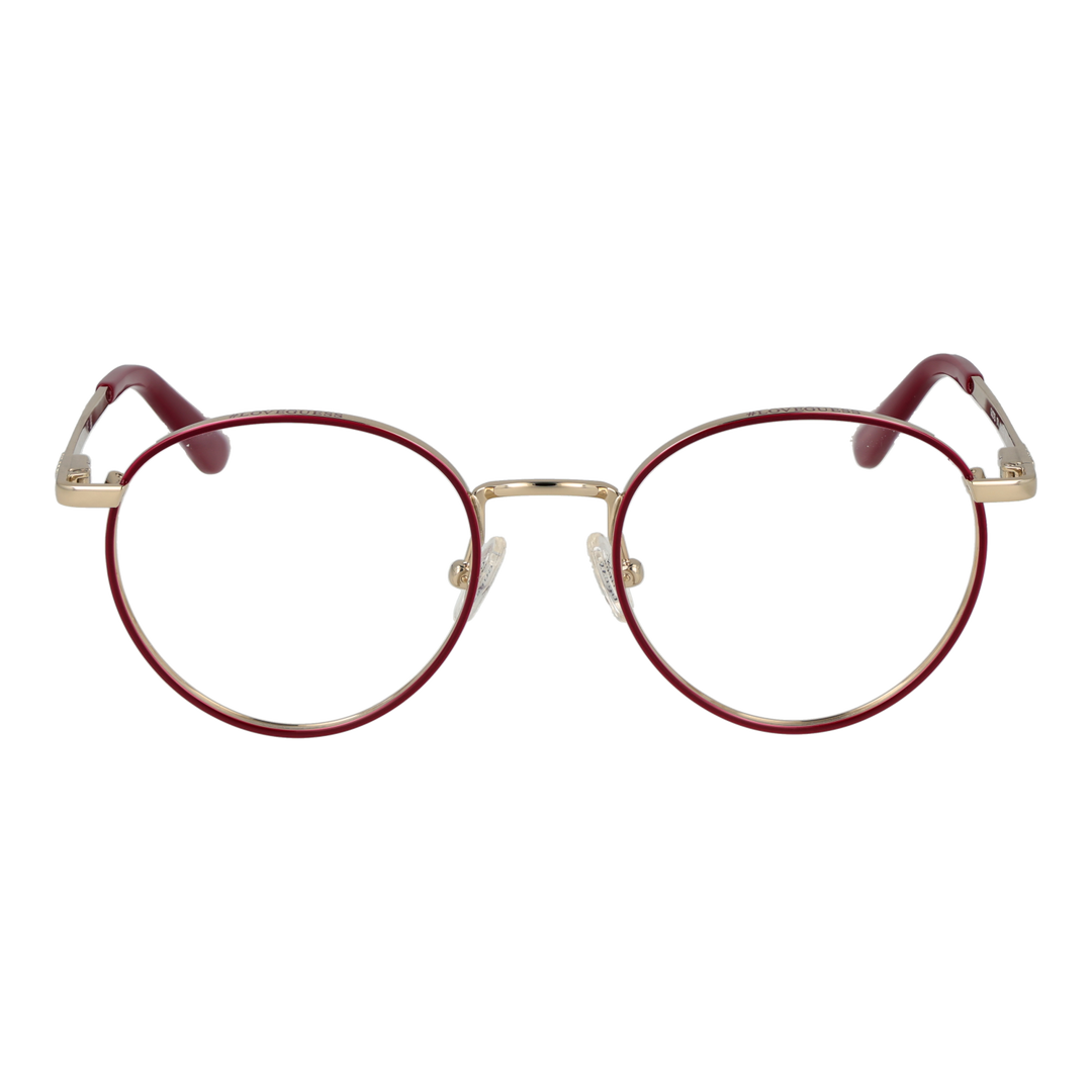 Unisex gold metal round eyeglasses with thin frame and adjustable nose pads against white background