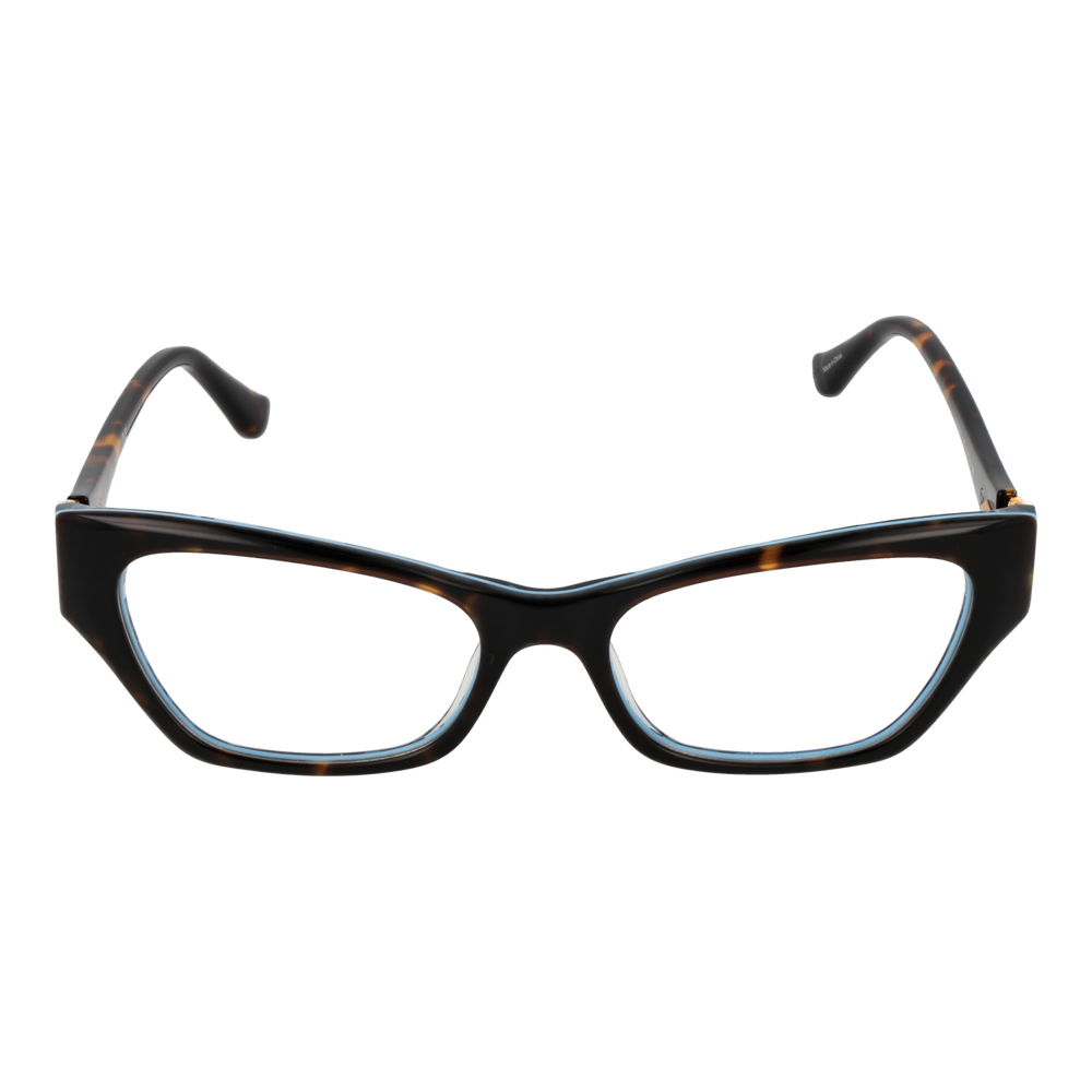 Tortoiseshell cat-eye eyeglasses in brown-black plastic with blue triangular G logo on temples, angled view