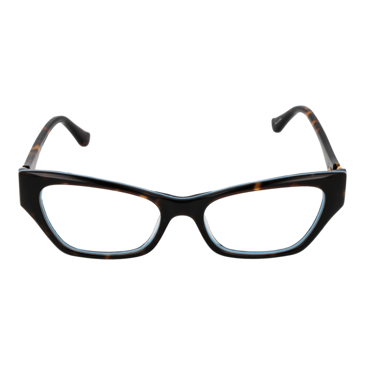 Tortoiseshell cat-eye eyeglasses in brown-black plastic with blue triangular G logo on temples, angled view