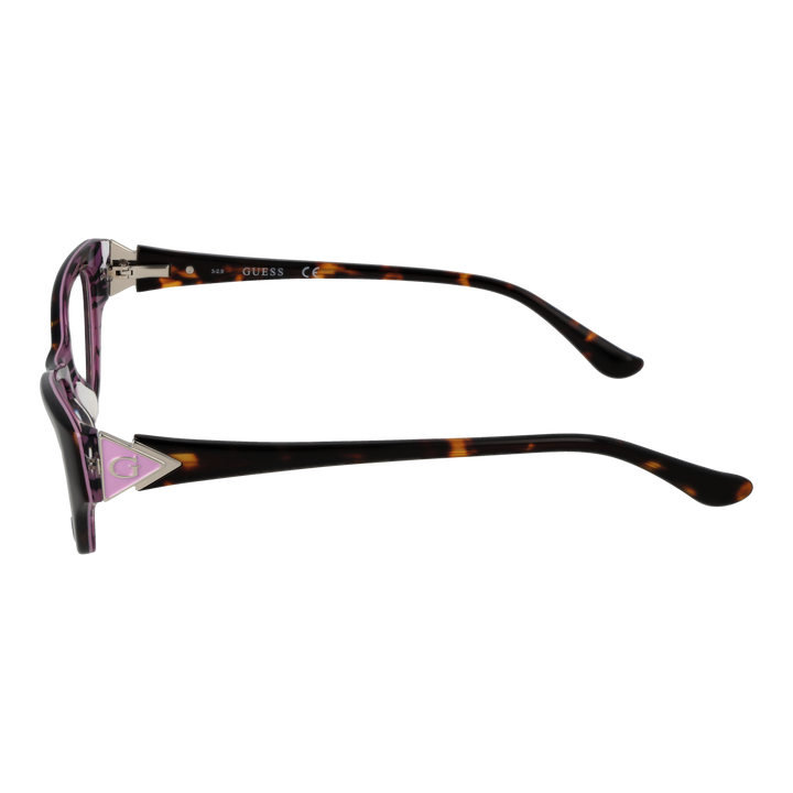 Tortoise shell cat-eye eyeglasses for Women with purple accents and triangular metal temple logo