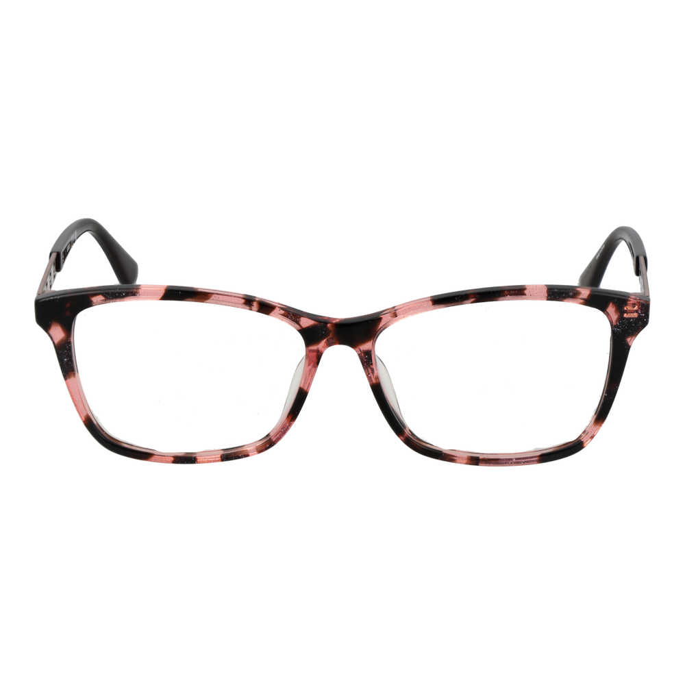 Pink and black tortoiseshell full-rim rectangular eyeglasses with rose-gold metal temple accents displayed front angle