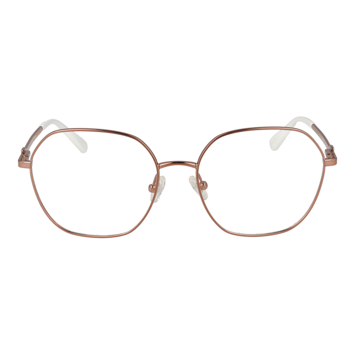 Rose gold hexagonal metal eyeglasses with clear nose pads on white background