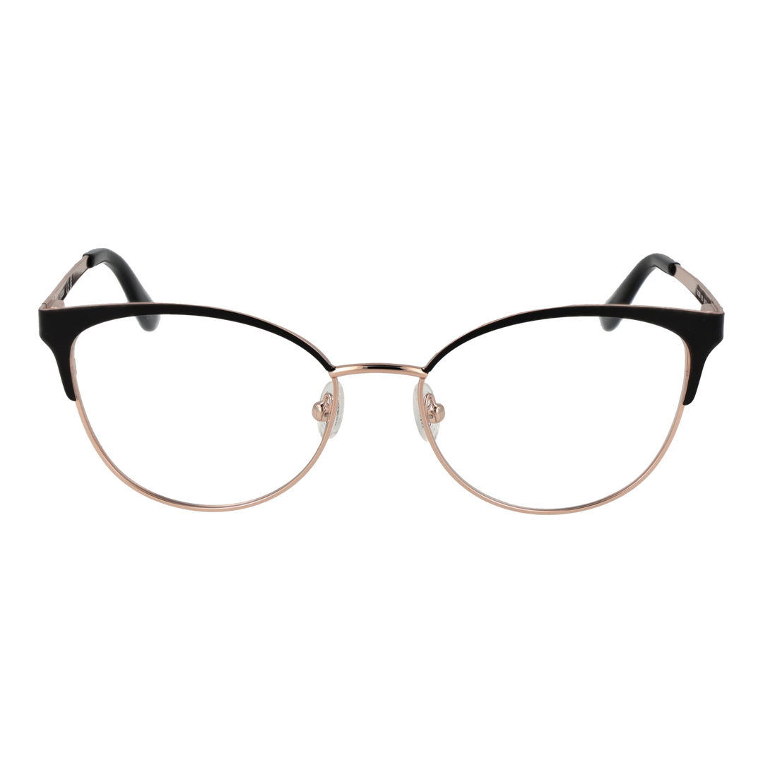 Black and rose gold metal cat-eye eyeglasses with adjustable nose pads and black plastic temple tips