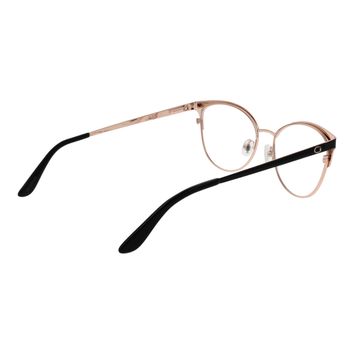 Black and rose gold metal cat-eye eyeglasses with adjustable nose pads and black plastic temple tips