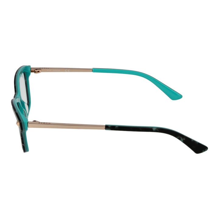 Turquoise and black two-tone rectangular eyeglasses with gold metal temples and triangular corner accents for Women