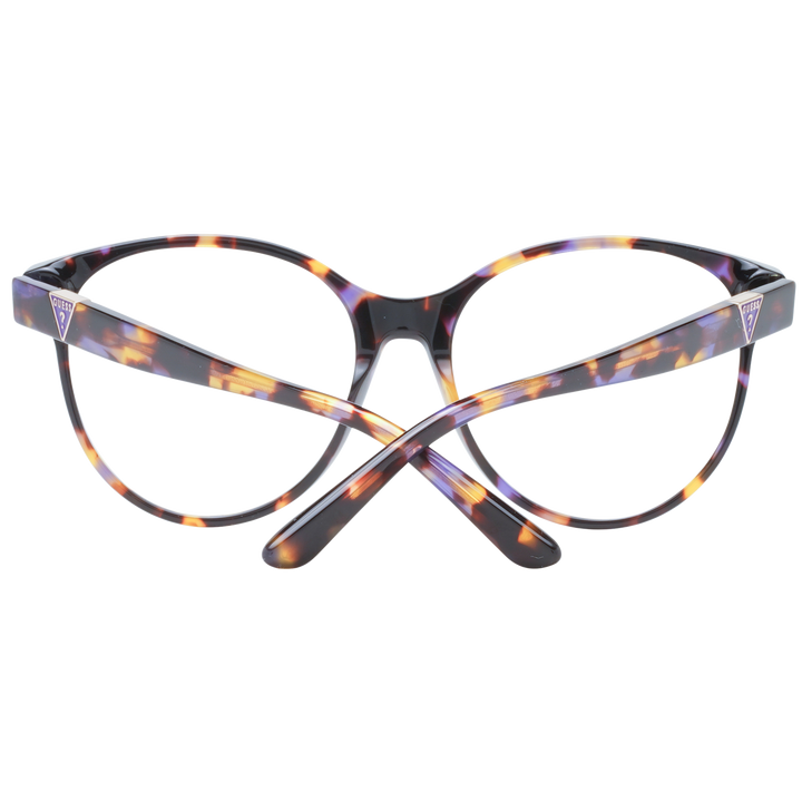Tortoiseshell round eyeglasses in brown, yellow, and purple tones with full-rim plastic frame and logo temple