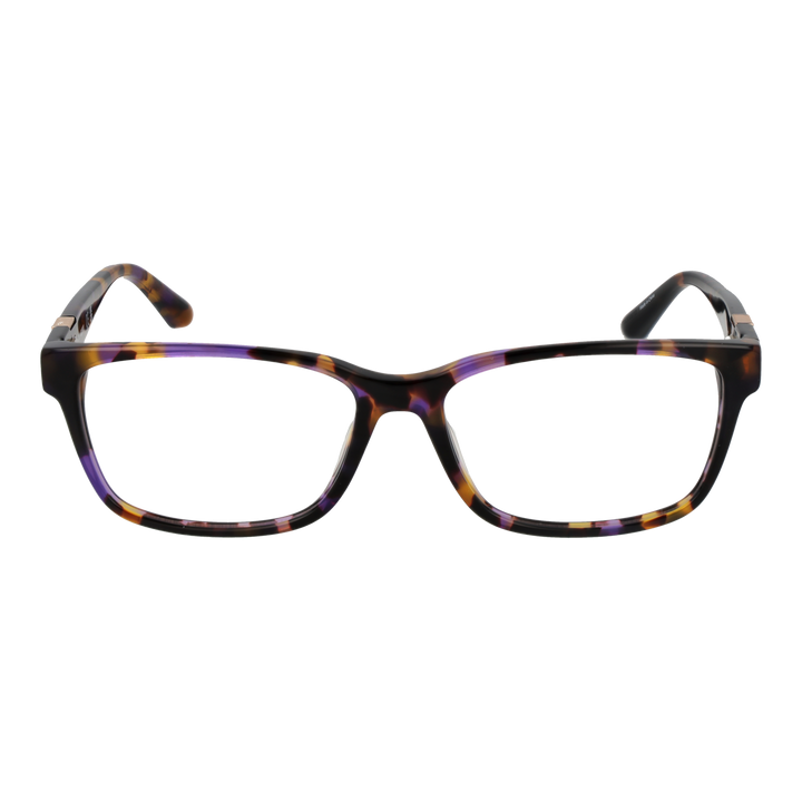 Tortoise shell rectangular eyeglasses for Women with purple and yellow accents and logo temple