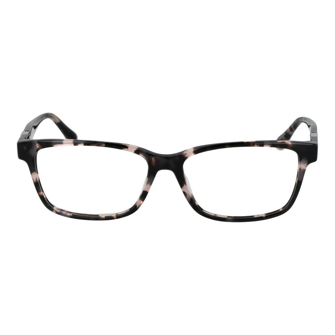 Unisex black and beige tortoiseshell full-rim rectangular eyeglasses with logo on temple, modern plastic frame