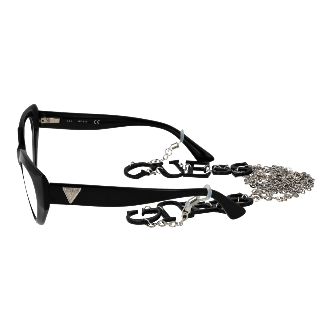 Black cat-eye eyeglasses with plastic frame and metal lettered chain draped against neutral background
