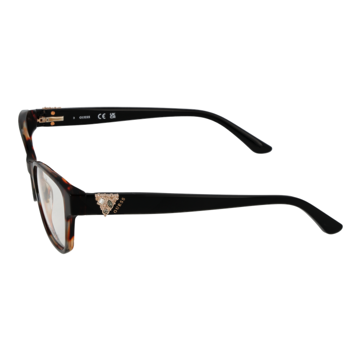Tortoiseshell rectangular eyeglasses with black temples and metal emblem, modern fashionable Women’s frame.