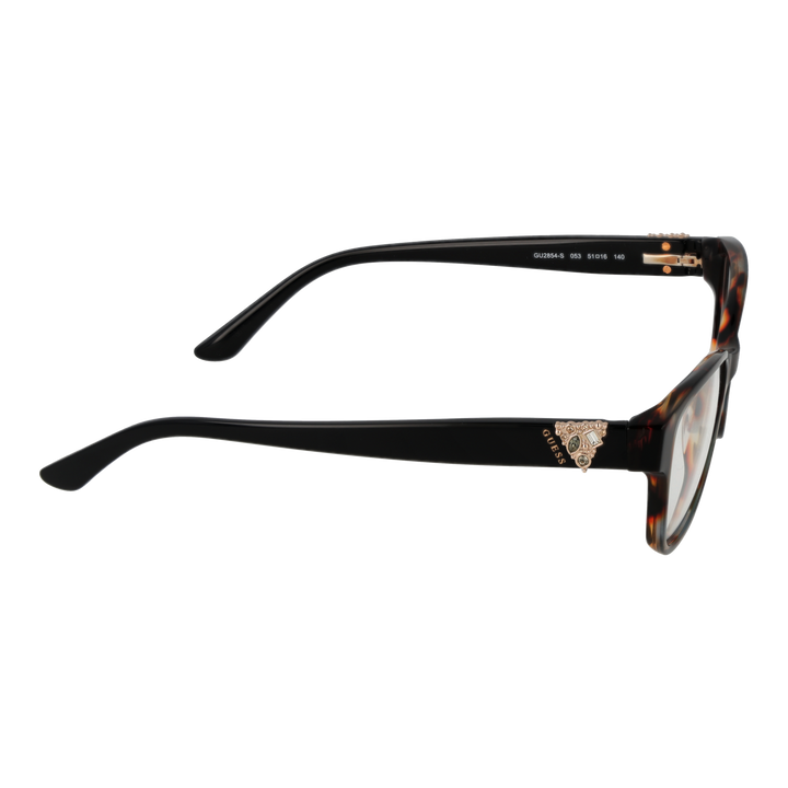 Tortoiseshell rectangular eyeglasses with black temples and metal emblem, modern fashionable Women’s frame.