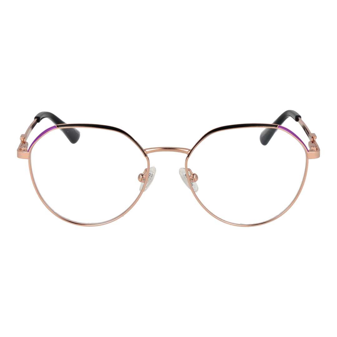 Rose gold thin metal round eyeglasses with black temple tips on white background, modern minimalist design