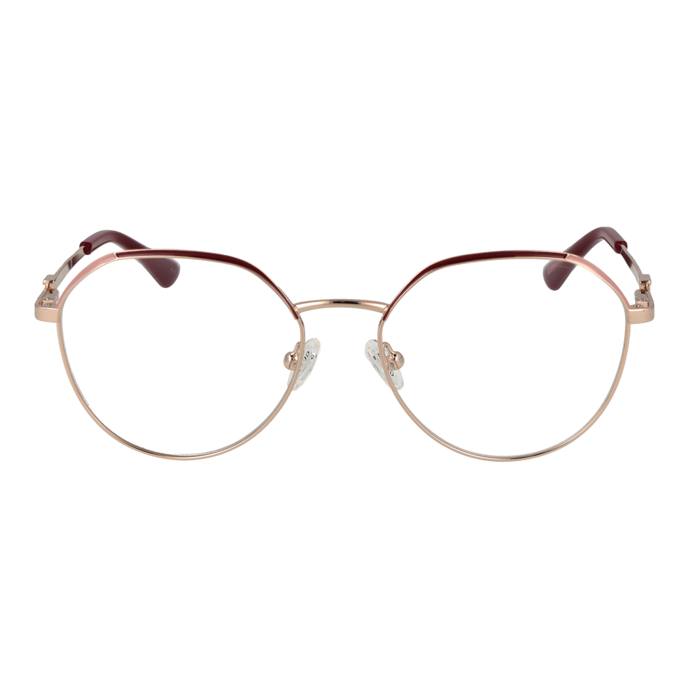 Rose gold thin metal round eyeglasses with burgundy plastic temple tips on white background