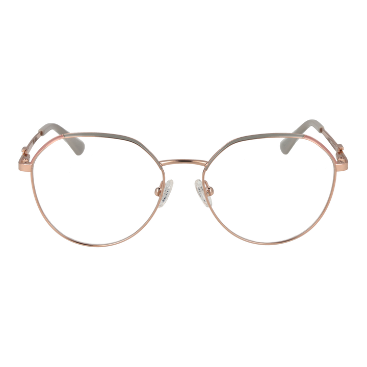 Rose gold thin metal round eyeglasses with adjustable nose pads and white temple tips on neutral background