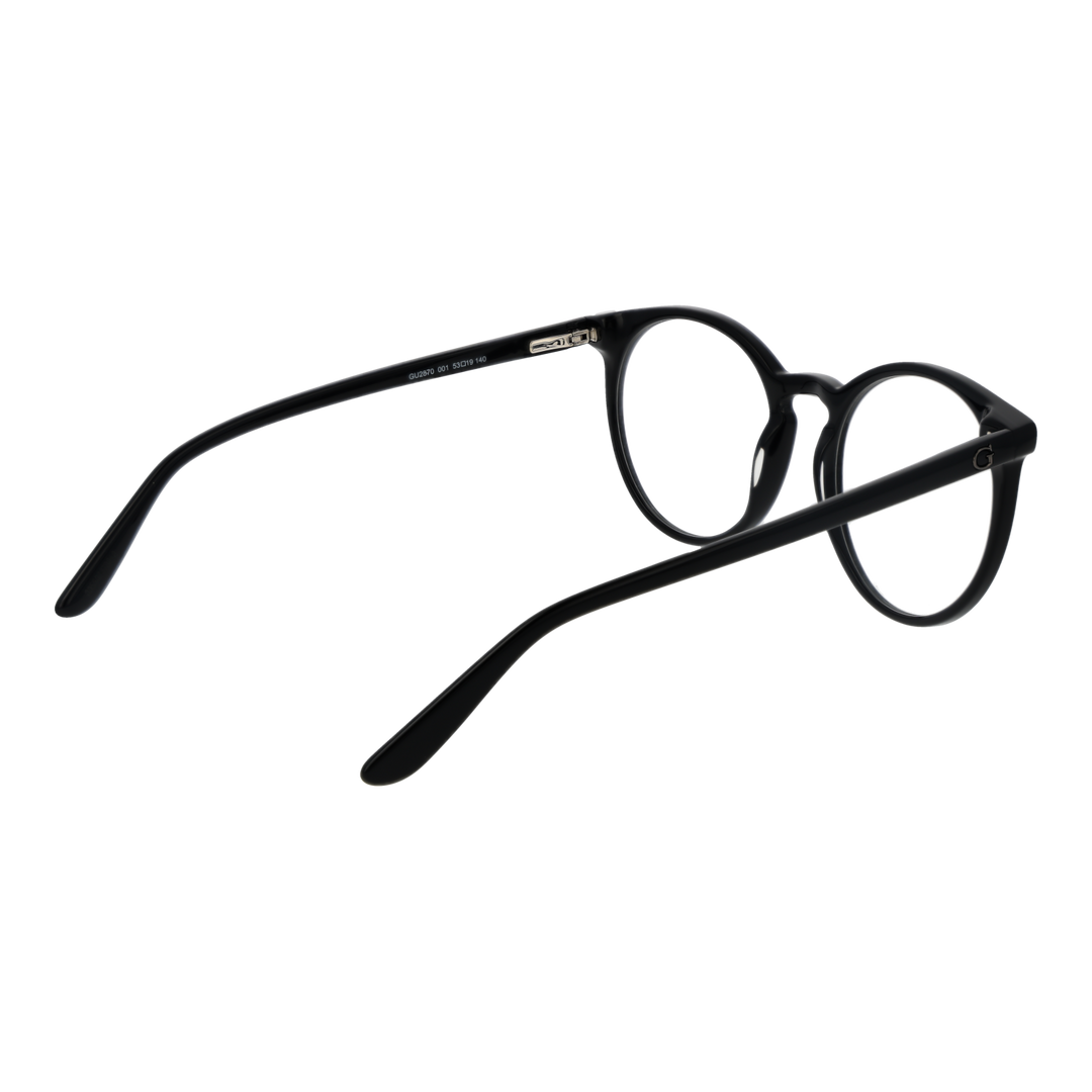 Black plastic full-rim round eyeglasses with integrated nose pads displayed front-facing on white background