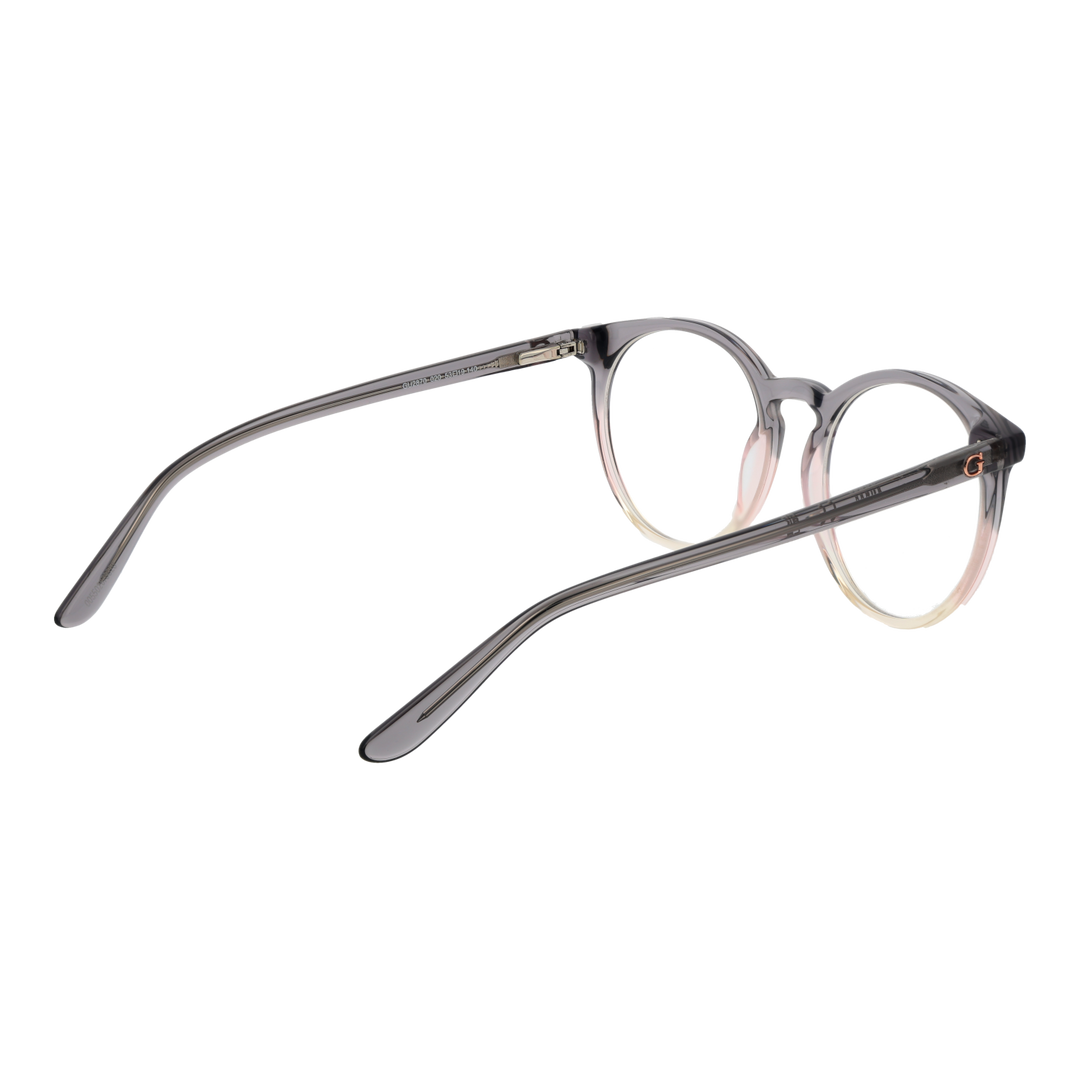 Transparent gray-pink-beige round eyeglasses in gradient plastic frame on white background