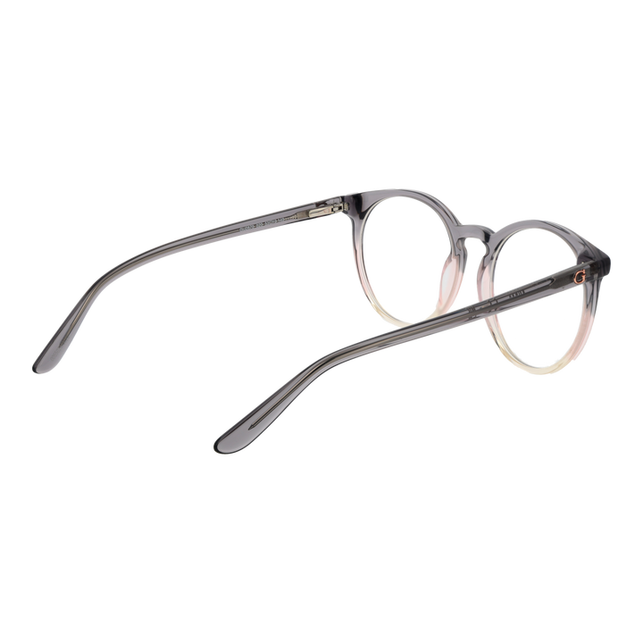 Transparent gray-pink-beige round eyeglasses in gradient plastic frame on white background