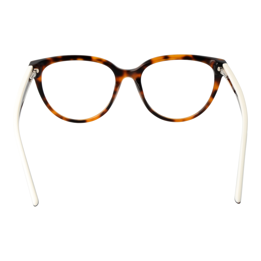 Two-tone tortoise shell brown and white round eyeglasses with gold emblem on temples, plastic frame