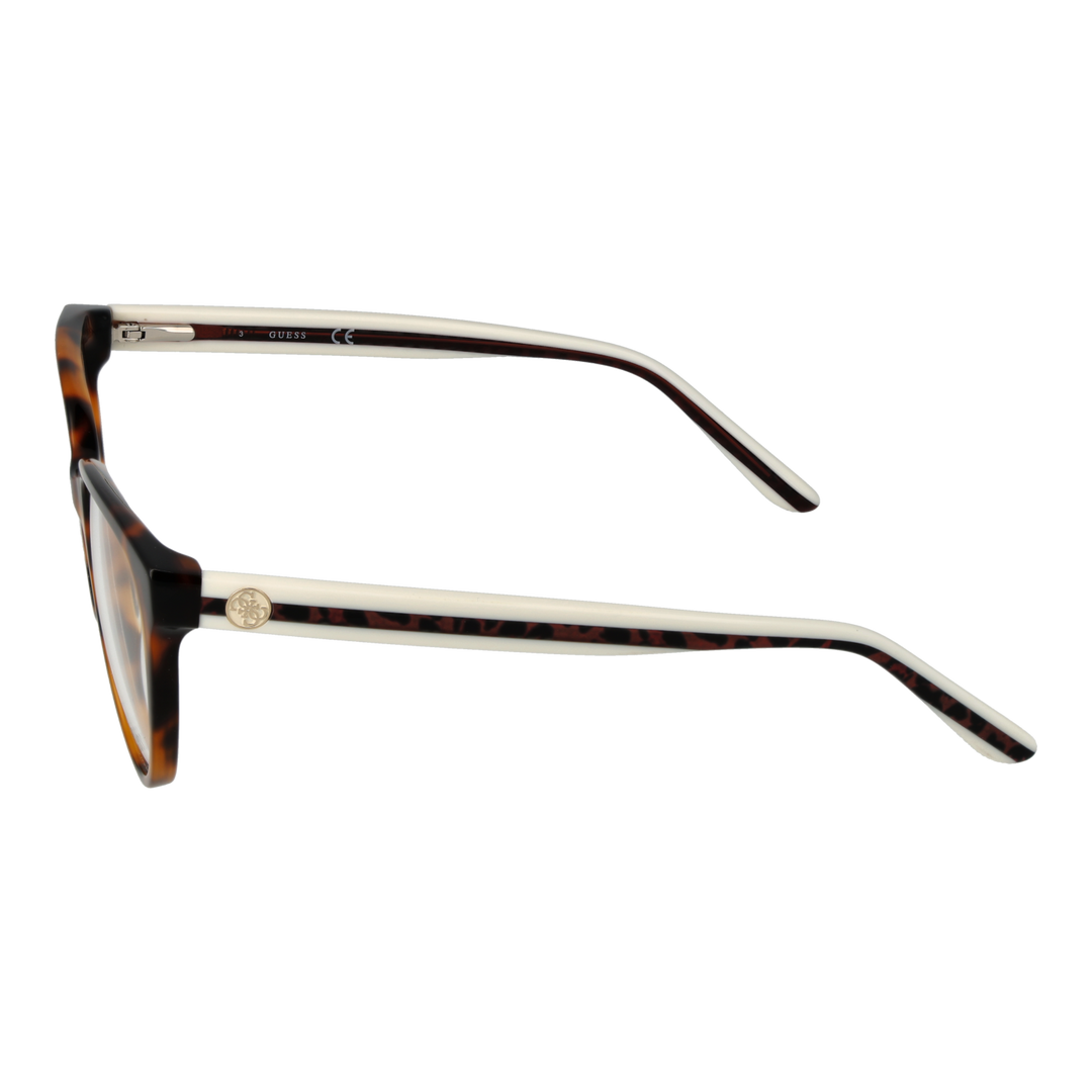 Two-tone tortoise shell brown and white round eyeglasses with gold emblem on temples, plastic frame