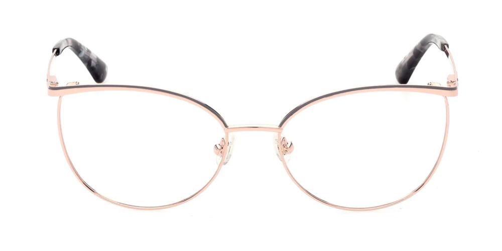 Rose gold thin metal cat-eye eyeglasses with black patterned temple tips on neutral background