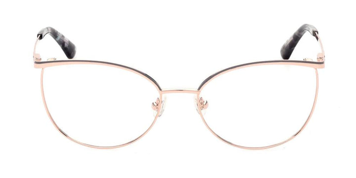 Rose gold thin metal cat-eye eyeglasses with black patterned temple tips on neutral background