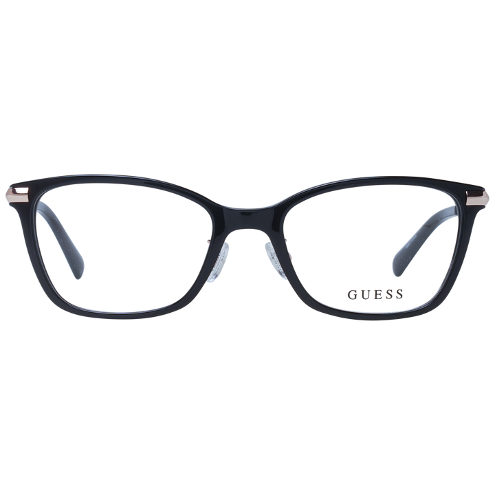 Black rectangular eyeglasses with rose-gold thin metal temples and adjustable nose pads on neutral background