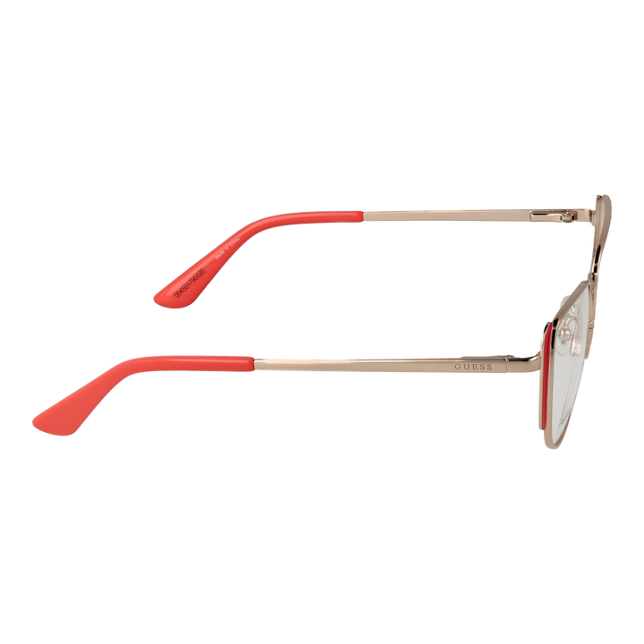 Gold metal cat-eye eyeglasses with coral temple tips, thin temples and adjustable nose pads on white background