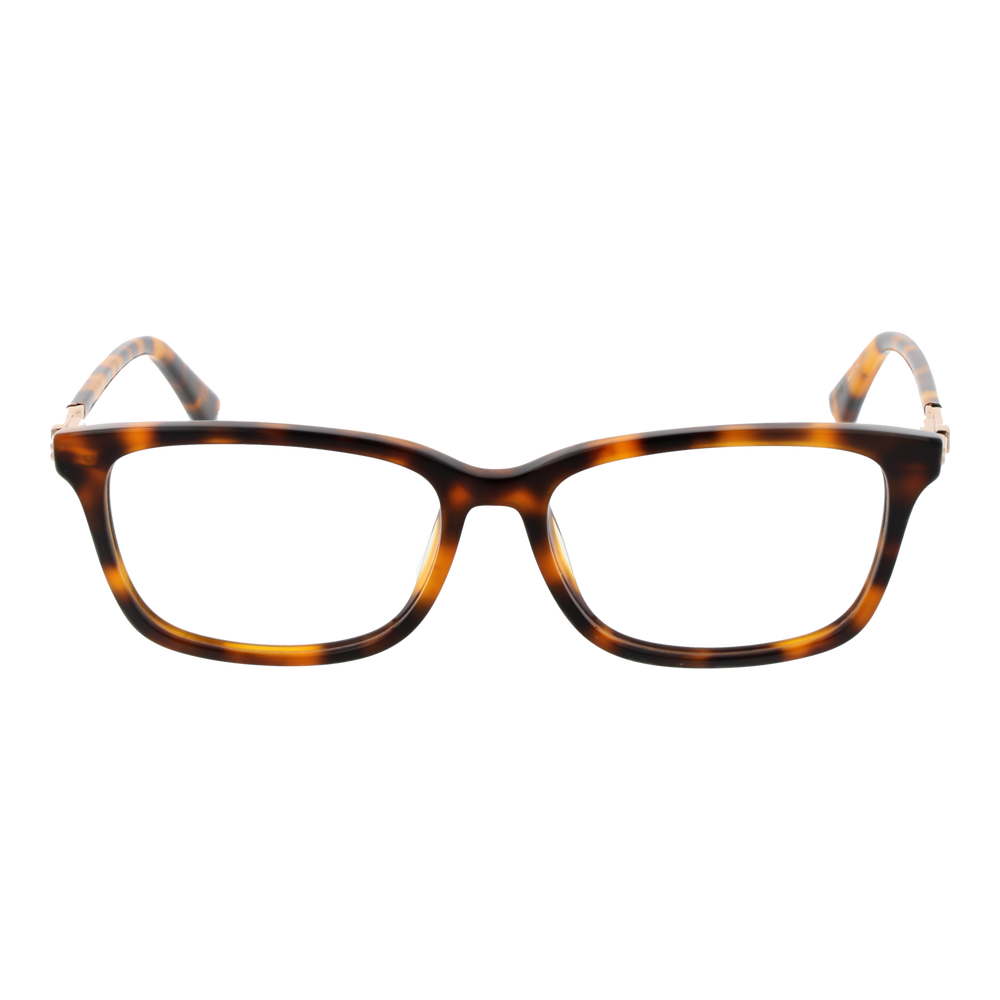 Tortoise shell rectangular eyeglasses for Women with gold metal temples and 'G' logo, brown-amber tones