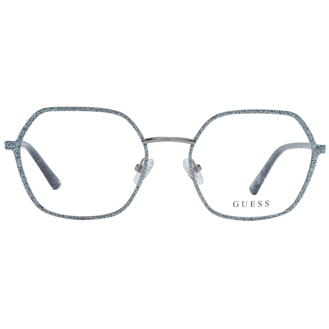 Blue metal hexagonal eyeglasses with silver glitter finish and patterned temple tips on white background